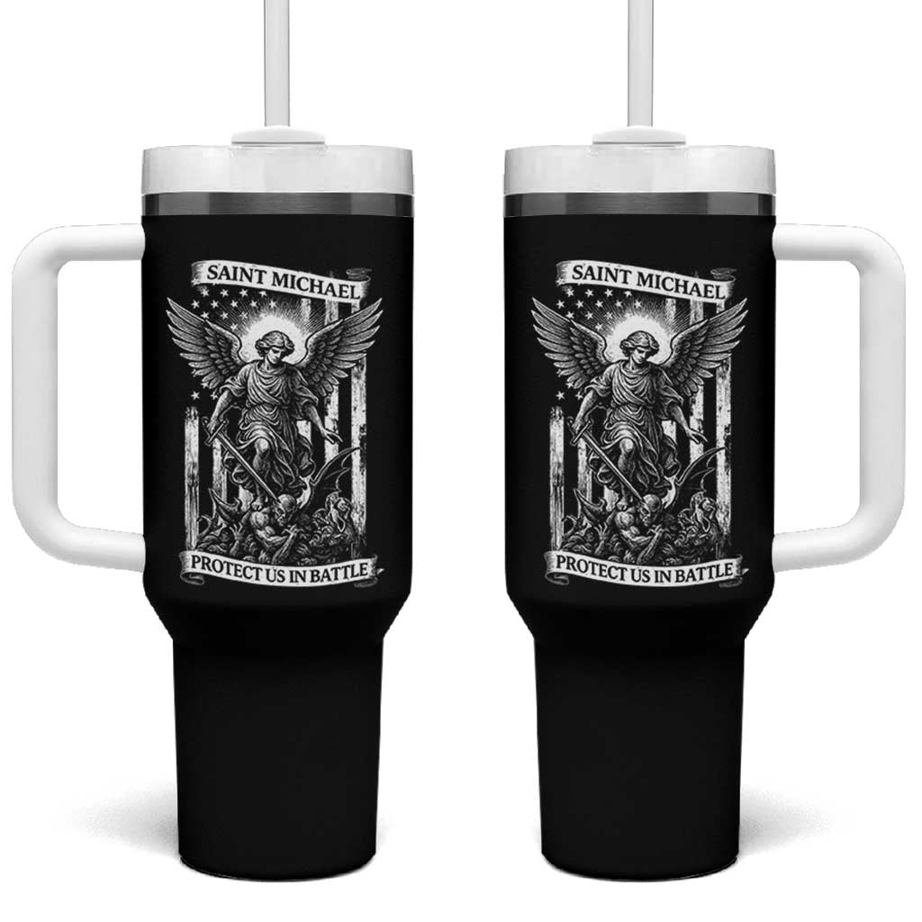 Saint Michael Protect Us In Battle Tumbler With Handle American Flag Catholic Christian Faith - Wonder Print Shop