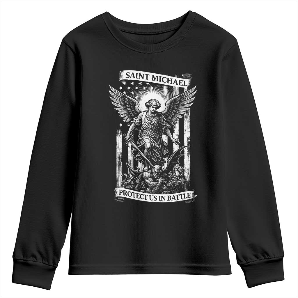 Saint Michael Protect Us In Battle Youth Sweatshirt American Flag Catholic Christian Faith - Wonder Print Shop