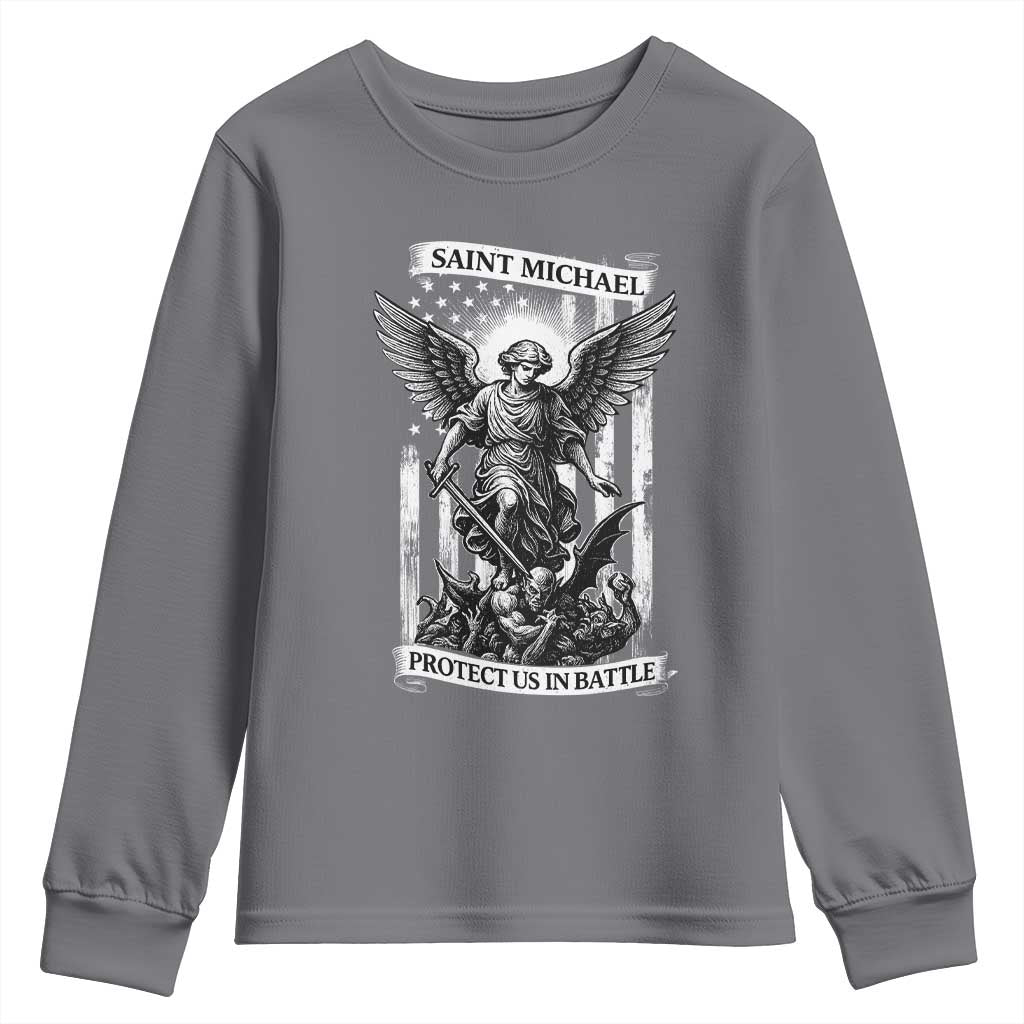Saint Michael Protect Us In Battle Youth Sweatshirt American Flag Catholic Christian Faith - Wonder Print Shop