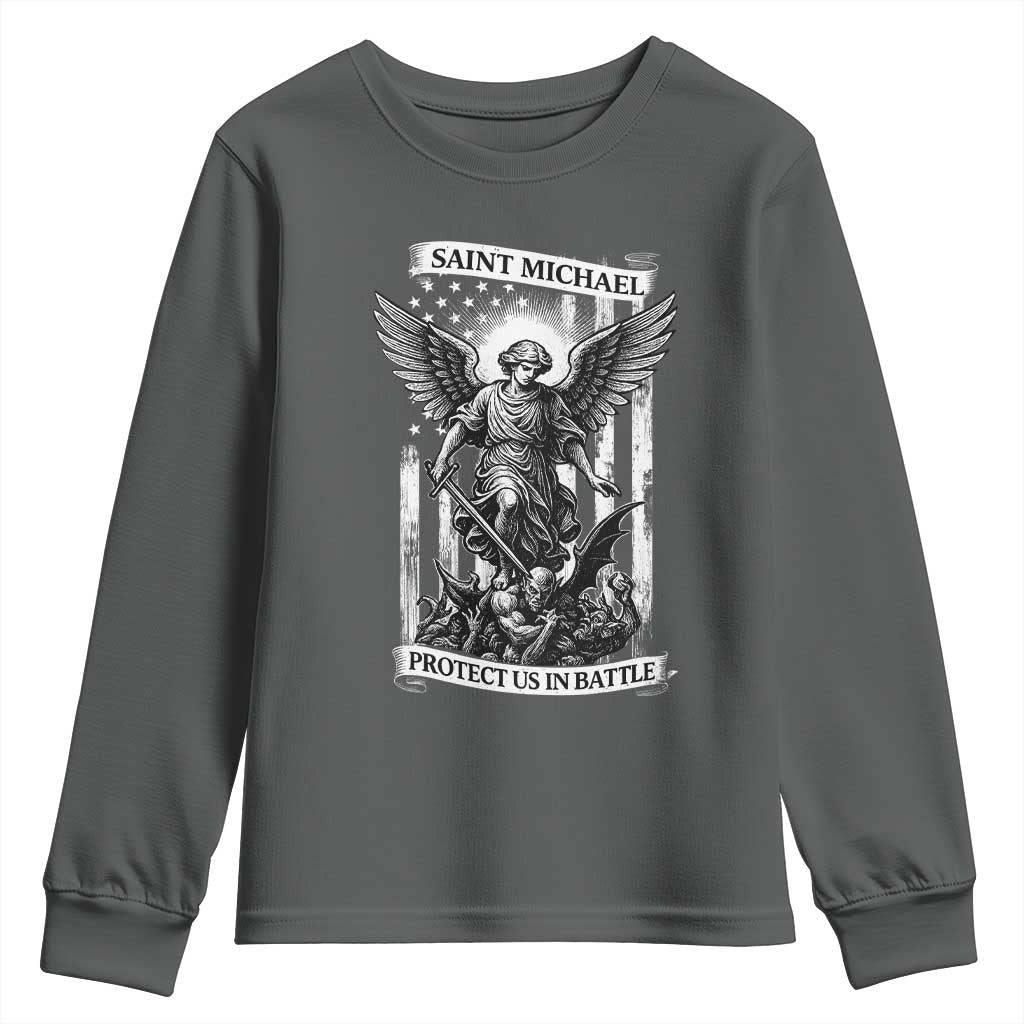 Saint Michael Protect Us In Battle Youth Sweatshirt American Flag Catholic Christian Faith - Wonder Print Shop