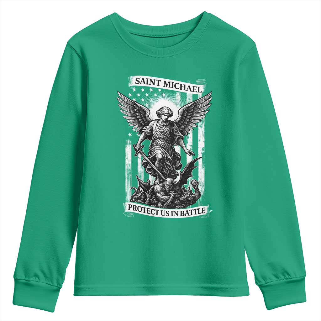 Saint Michael Protect Us In Battle Youth Sweatshirt American Flag Catholic Christian Faith - Wonder Print Shop