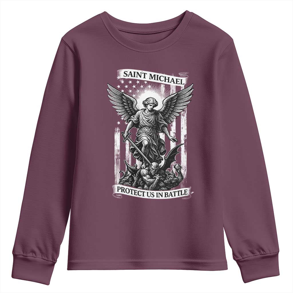 Saint Michael Protect Us In Battle Youth Sweatshirt American Flag Catholic Christian Faith - Wonder Print Shop