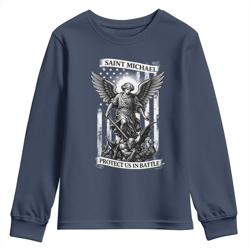 Saint Michael Protect Us In Battle Youth Sweatshirt American Flag Catholic Christian Faith - Wonder Print Shop