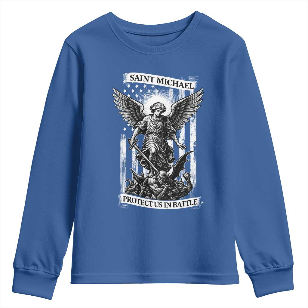 Saint Michael Protect Us In Battle Youth Sweatshirt American Flag Catholic Christian Faith - Wonder Print Shop