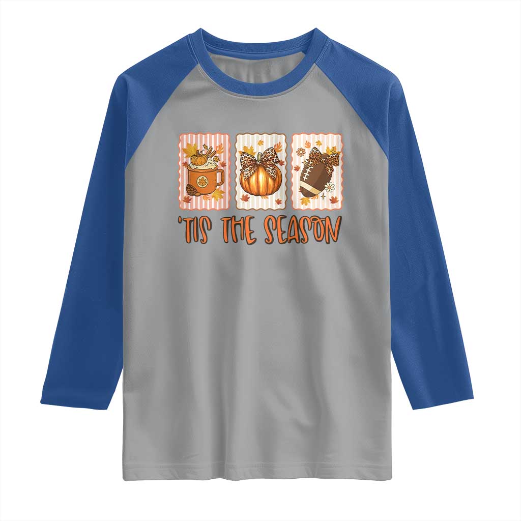Tis The Season Fall Thanksgiving Raglan Shirt American Football Pumpkin Postage Stamps - Wonder Print Shop