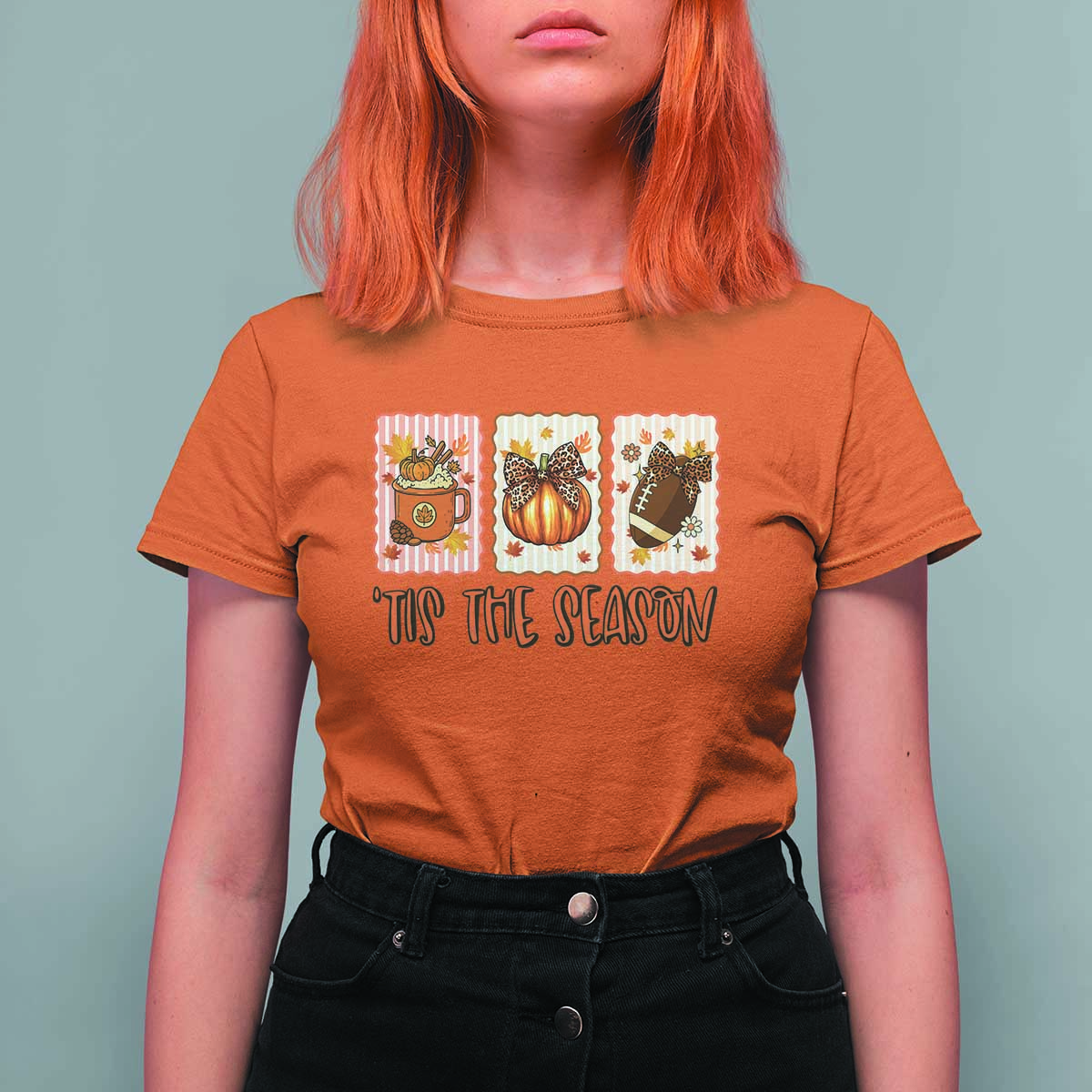Tis The Season Fall Thanksgiving T Shirt For Women American Football Pumpkin Postage Stamps - Wonder Print Shop
