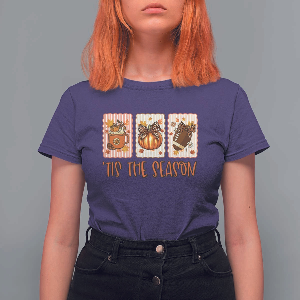 Tis The Season Fall Thanksgiving T Shirt For Women American Football Pumpkin Postage Stamps - Wonder Print Shop