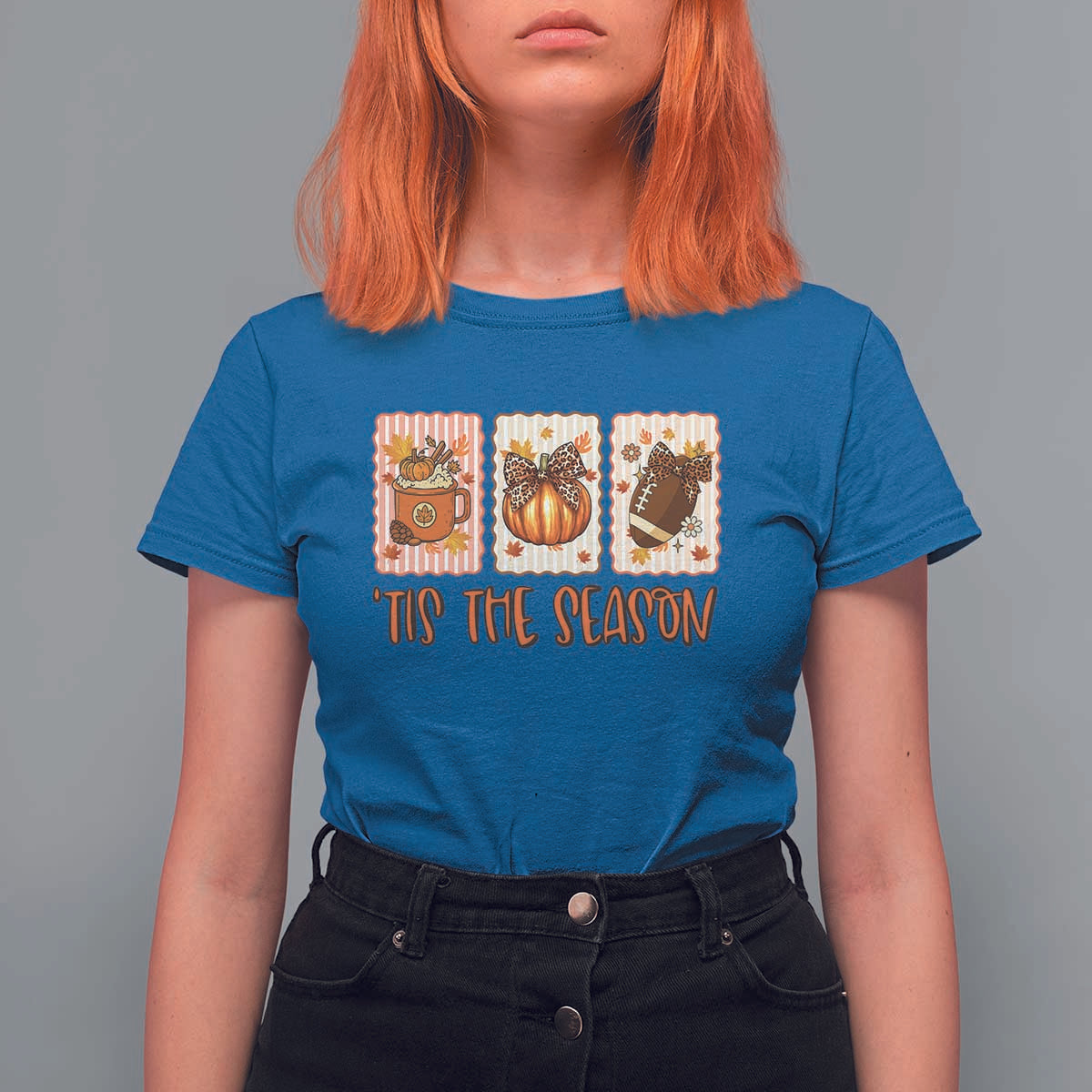 Tis The Season Fall Thanksgiving T Shirt For Women American Football Pumpkin Postage Stamps - Wonder Print Shop