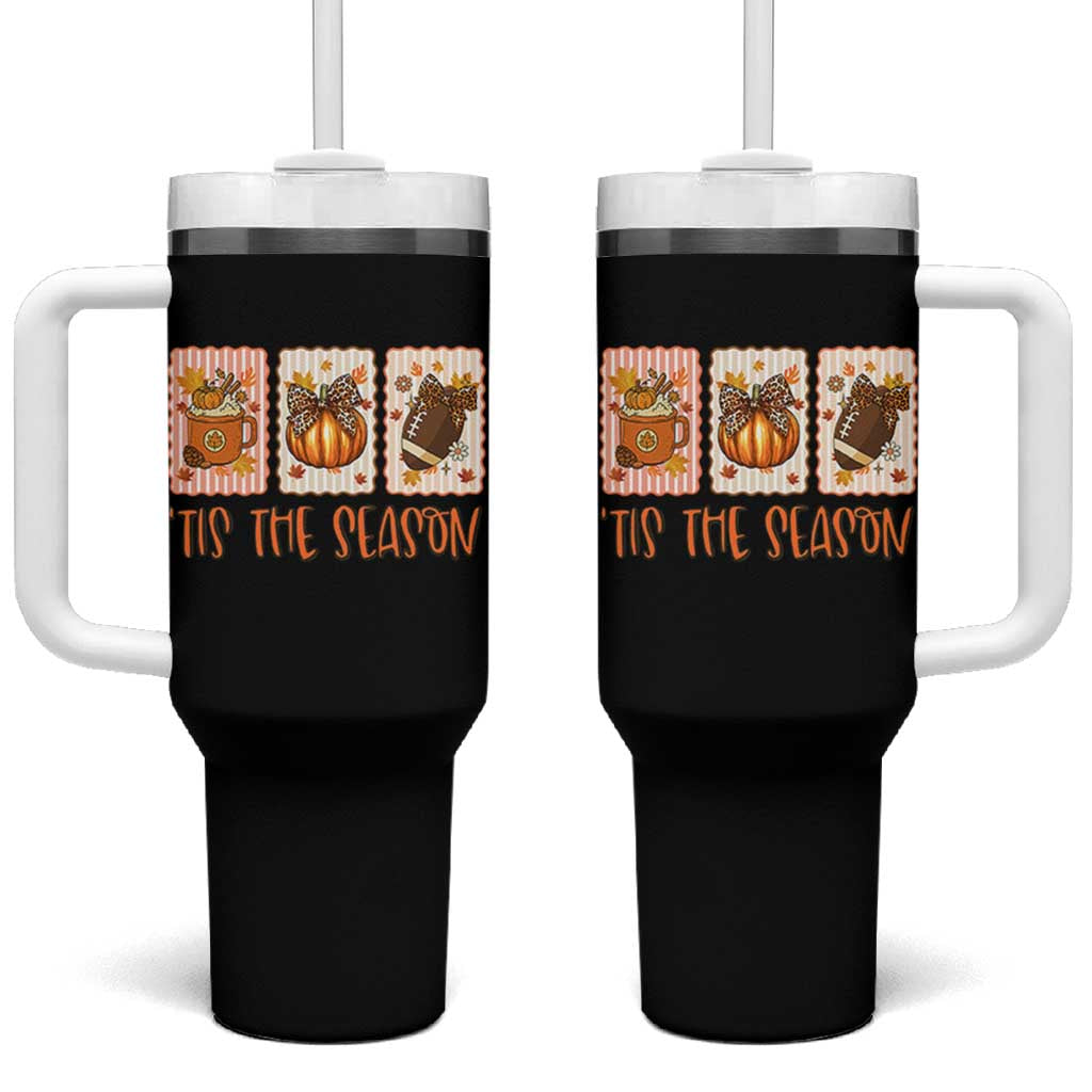 Tis The Season Fall Thanksgiving Tumbler With Handle American Football Pumpkin Postage Stamps - Wonder Print Shop