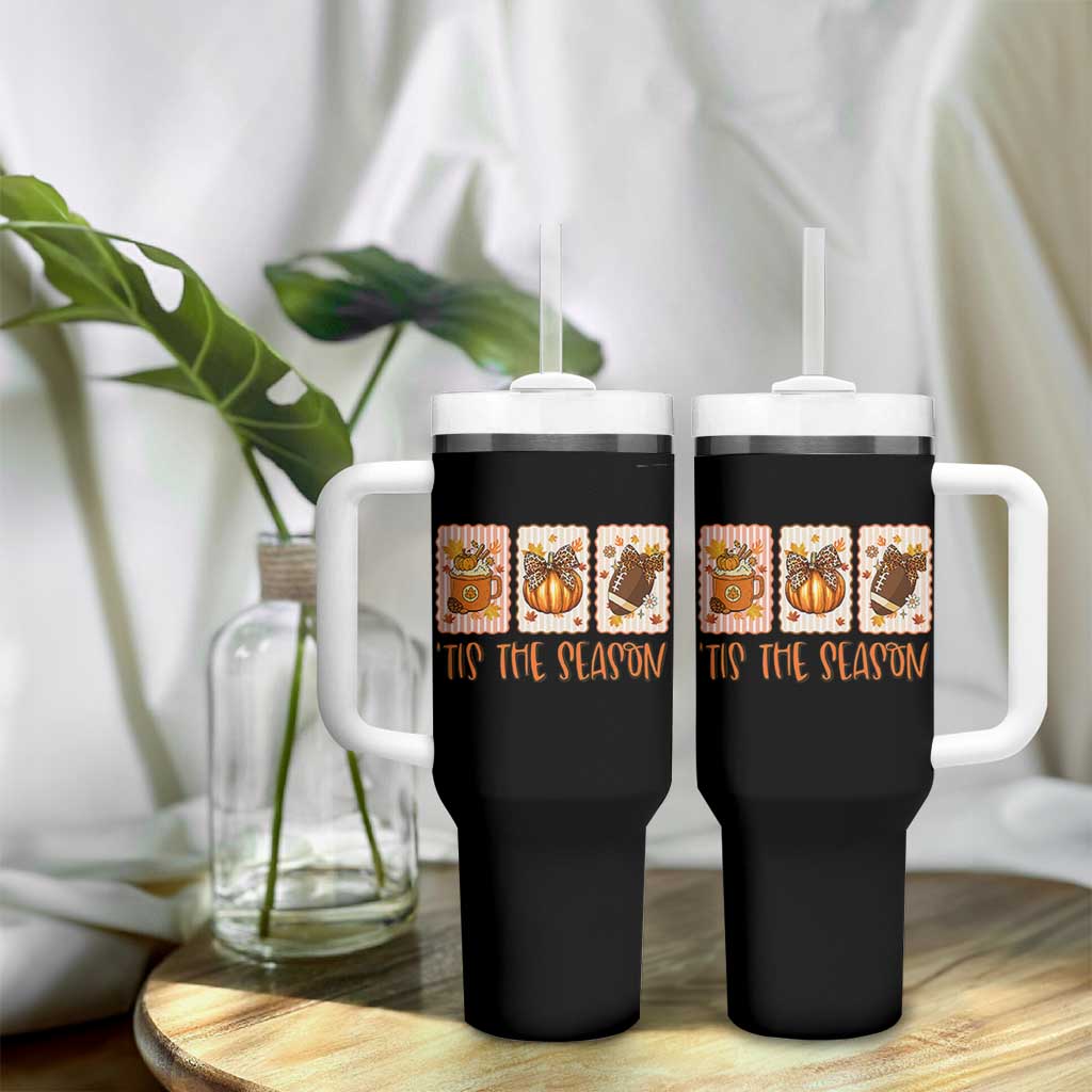 Tis The Season Fall Thanksgiving Tumbler With Handle American Football Pumpkin Postage Stamps - Wonder Print Shop