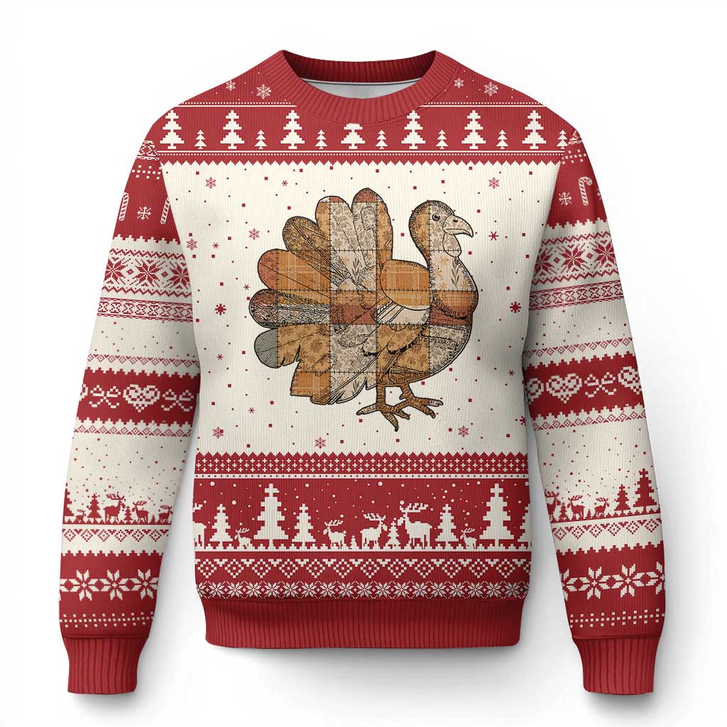 Thanksgiving Vintage Patchwork Gobble Turkey Ugly Christmas Sweater - Wonder Print Shop