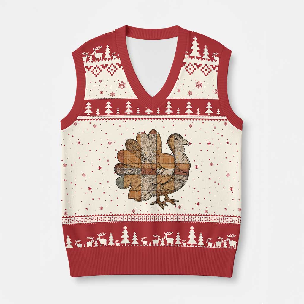 Thanksgiving Vintage Patchwork Gobble Turkey V-Neck Knit Sweater Vest - Wonder Print Shop