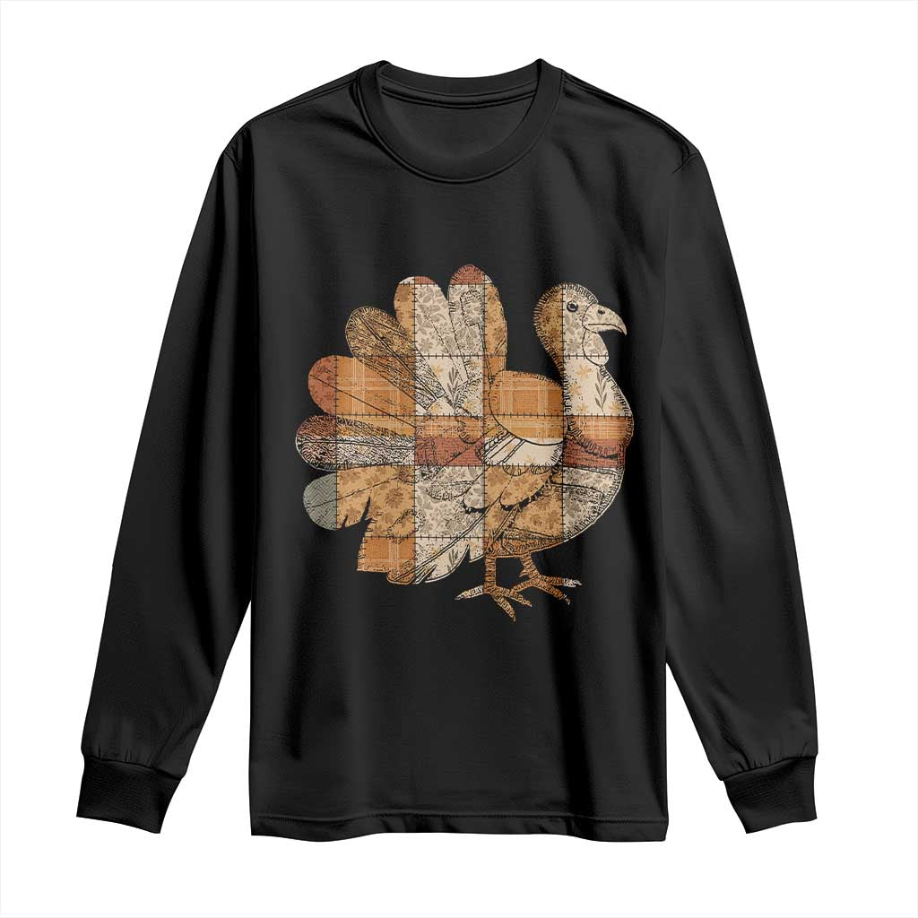 Thanksgiving Vintage Patchwork Gobble Turkey Long Sleeve Shirt - Wonder Print Shop