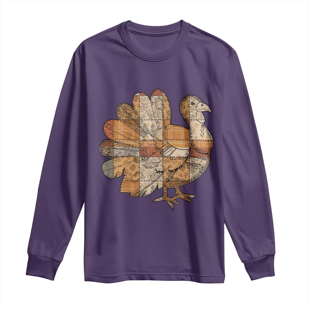Thanksgiving Vintage Patchwork Gobble Turkey Long Sleeve Shirt - Wonder Print Shop