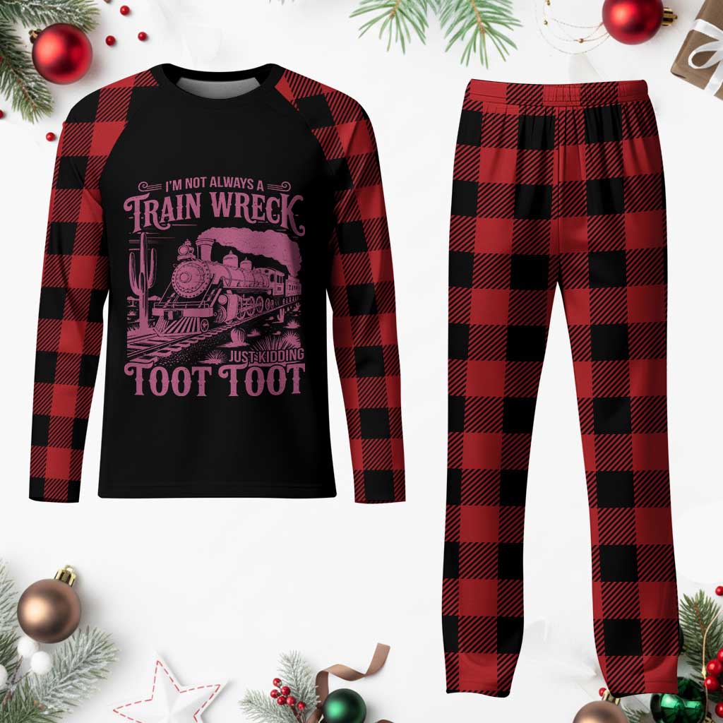 Funny I Am Not Always A Train Wreck Just Kidding Toot Toot Plaid Pajama Set Pink Train - Wonder Print Shop