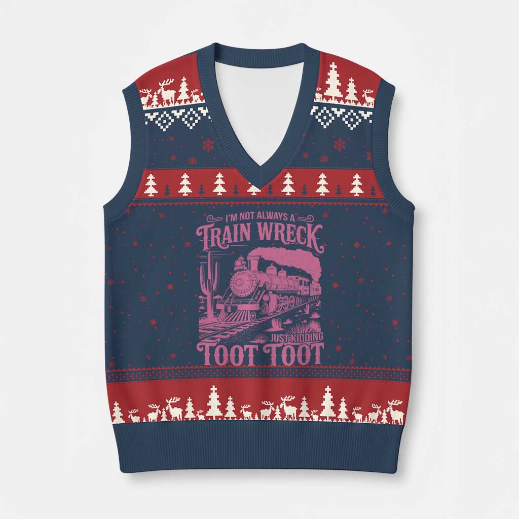 Funny I Am Not Always A Train Wreck Just Kidding Toot Toot V-Neck Knit Sweater Vest Pink Train - Wonder Print Shop