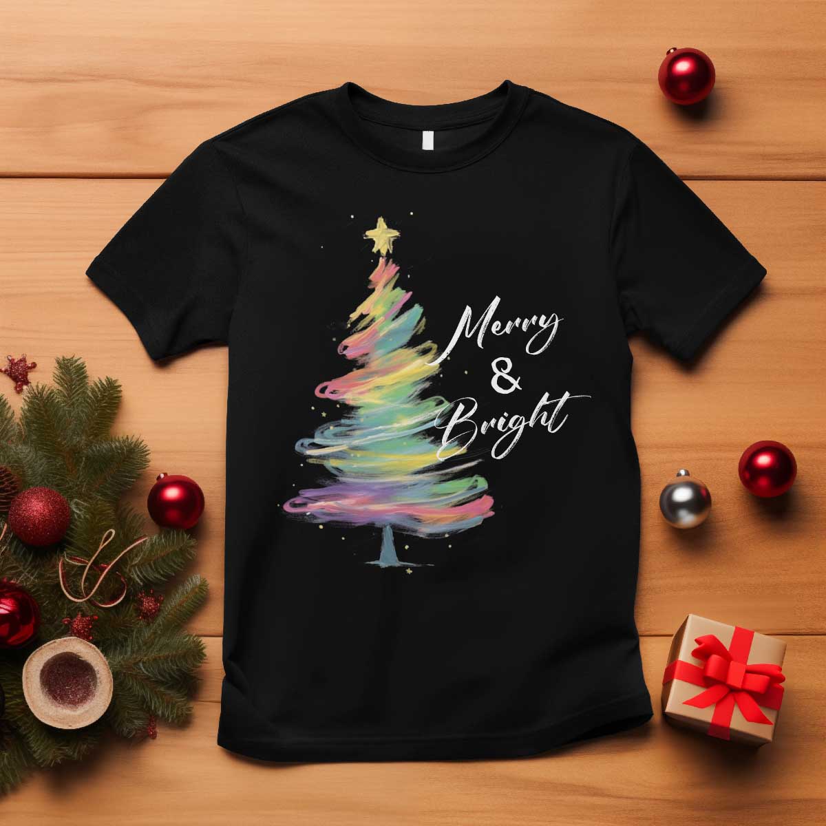 Christmas T Shirt Merry And Bright Colorful Xmas Tree - Wonder Print Shop