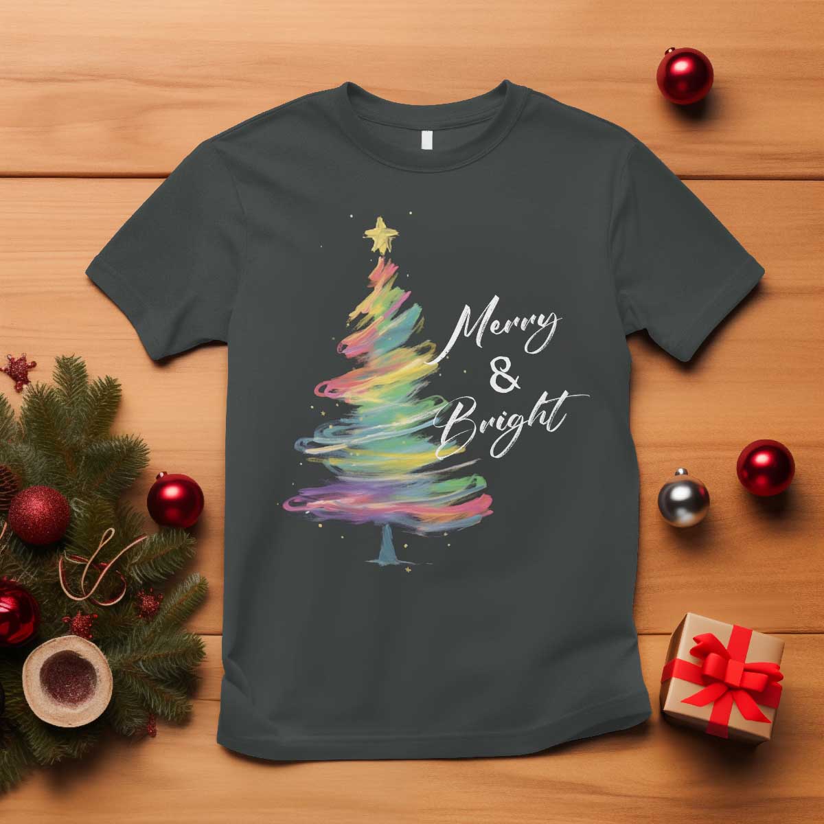 Christmas T Shirt Merry And Bright Colorful Xmas Tree - Wonder Print Shop