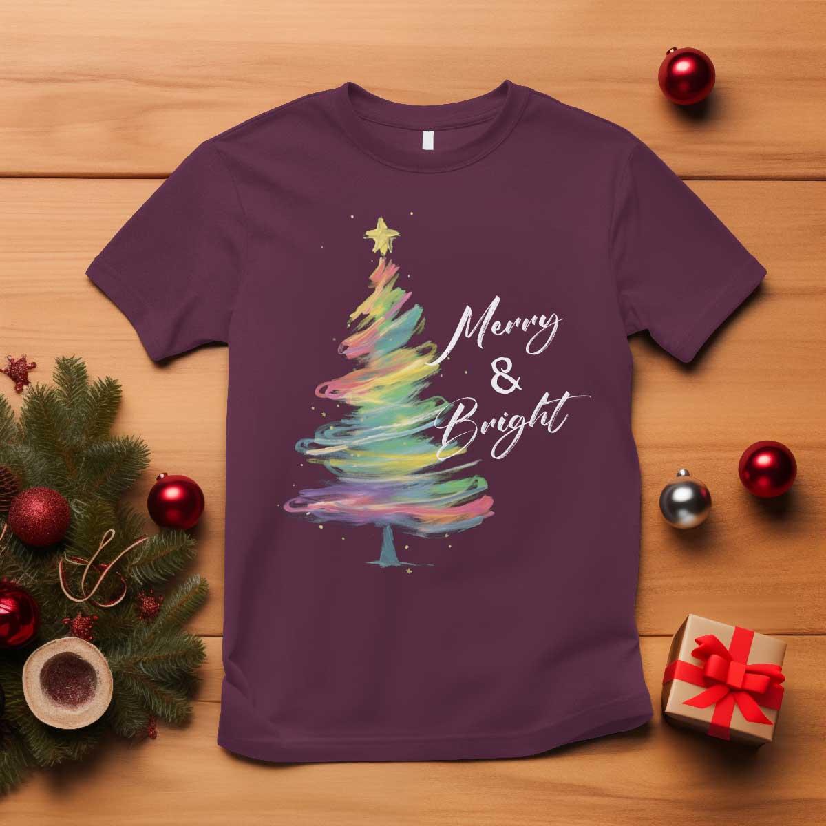 Christmas T Shirt Merry And Bright Colorful Xmas Tree - Wonder Print Shop