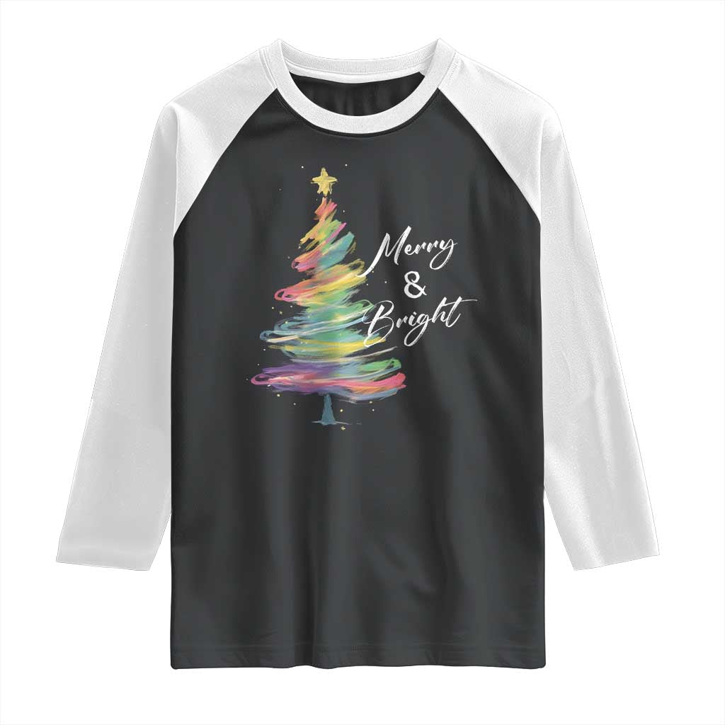 Christmas Raglan Shirt Merry And Bright Colorful Xmas Tree - Wonder Print Shop