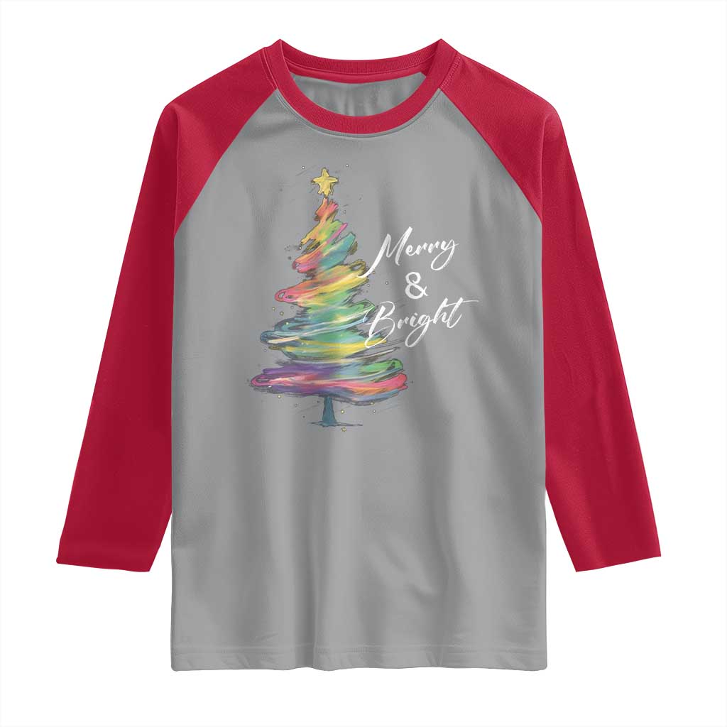 Christmas Raglan Shirt Merry And Bright Colorful Xmas Tree - Wonder Print Shop
