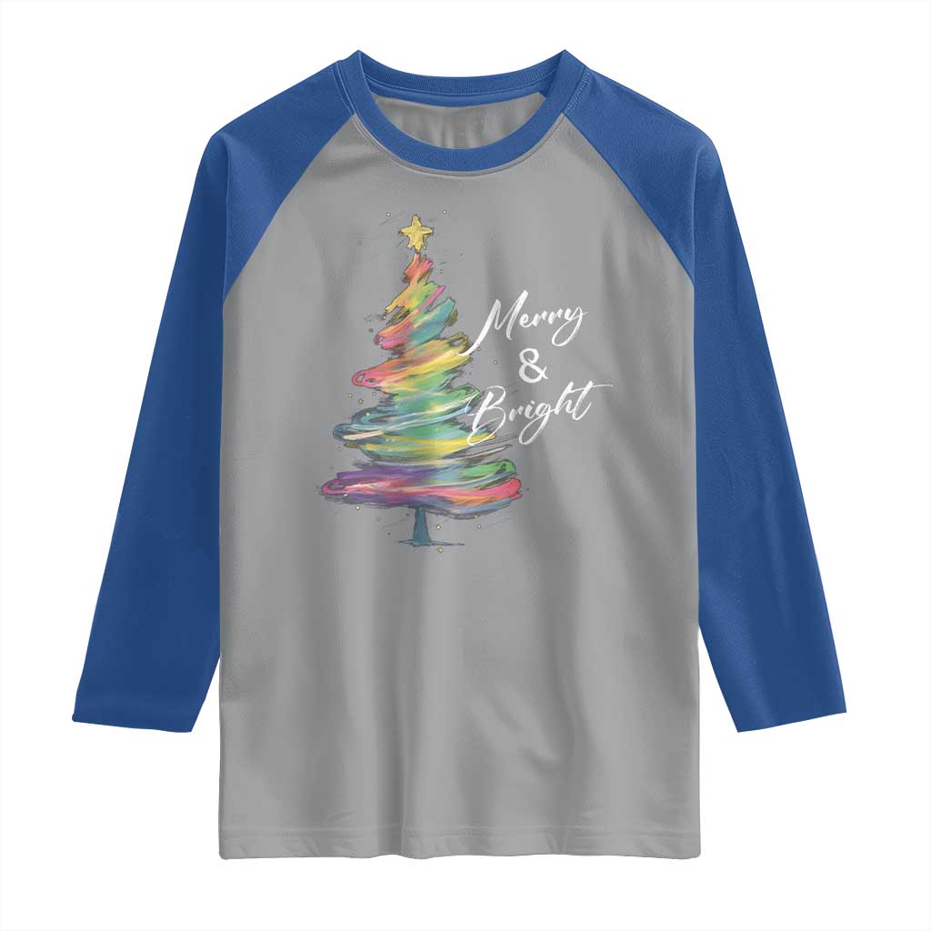Christmas Raglan Shirt Merry And Bright Colorful Xmas Tree - Wonder Print Shop