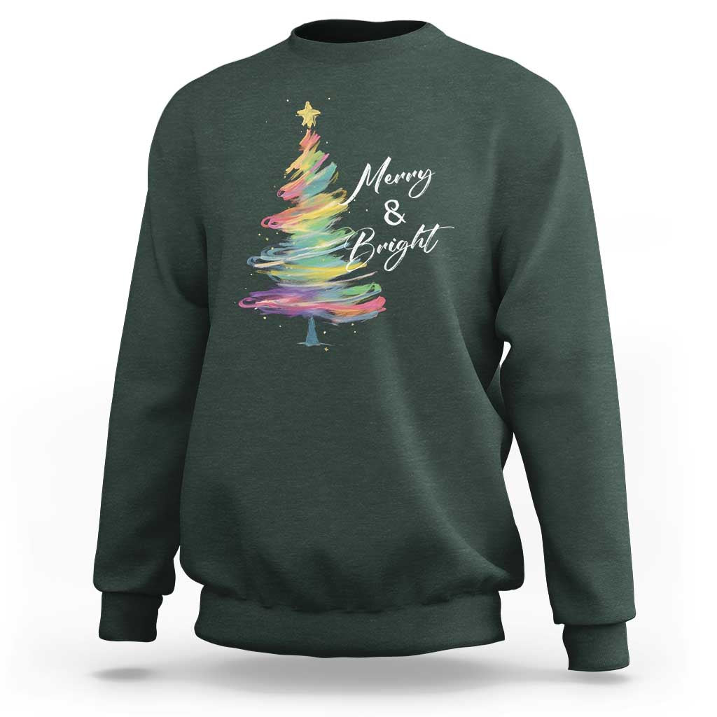 Christmas Sweatshirt Merry And Bright Colorful Xmas Tree - Wonder Print Shop