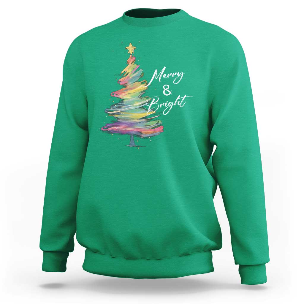 Christmas Sweatshirt Merry And Bright Colorful Xmas Tree - Wonder Print Shop