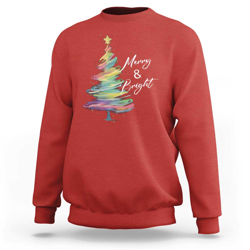Christmas Sweatshirt Merry And Bright Colorful Xmas Tree - Wonder Print Shop