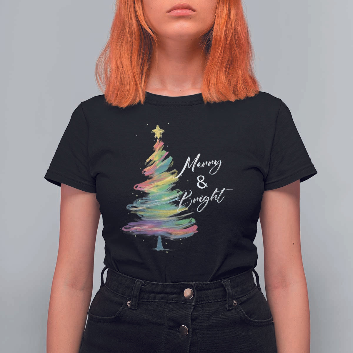 Christmas T Shirt For Women Merry And Bright Colorful Xmas Tree - Wonder Print Shop