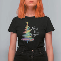 Christmas T Shirt For Women Merry And Bright Colorful Xmas Tree - Wonder Print Shop