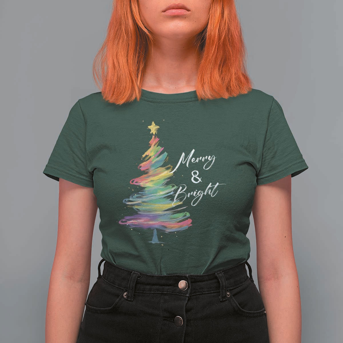 Christmas T Shirt For Women Merry And Bright Colorful Xmas Tree - Wonder Print Shop