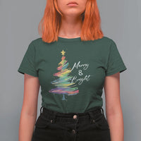 Christmas T Shirt For Women Merry And Bright Colorful Xmas Tree - Wonder Print Shop