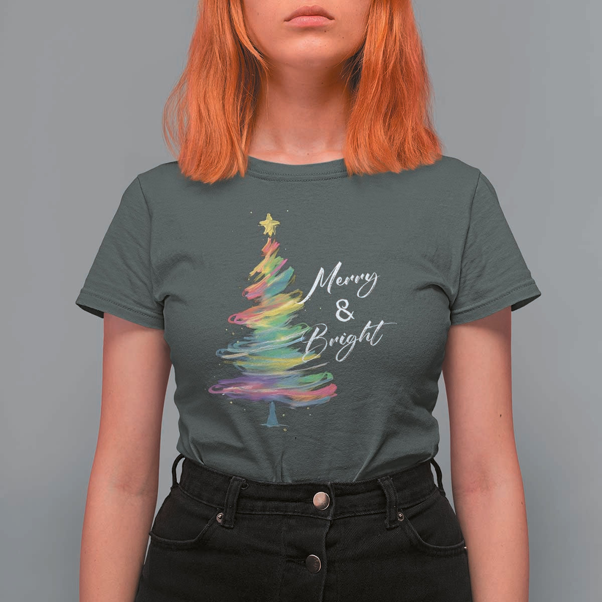 Christmas T Shirt For Women Merry And Bright Colorful Xmas Tree - Wonder Print Shop