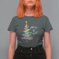 Christmas T Shirt For Women Merry And Bright Colorful Xmas Tree - Wonder Print Shop