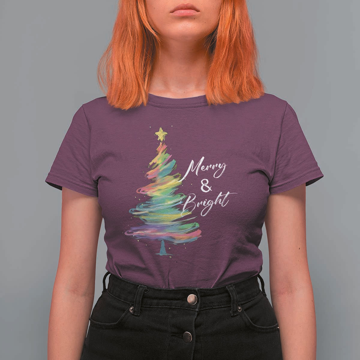 Christmas T Shirt For Women Merry And Bright Colorful Xmas Tree - Wonder Print Shop