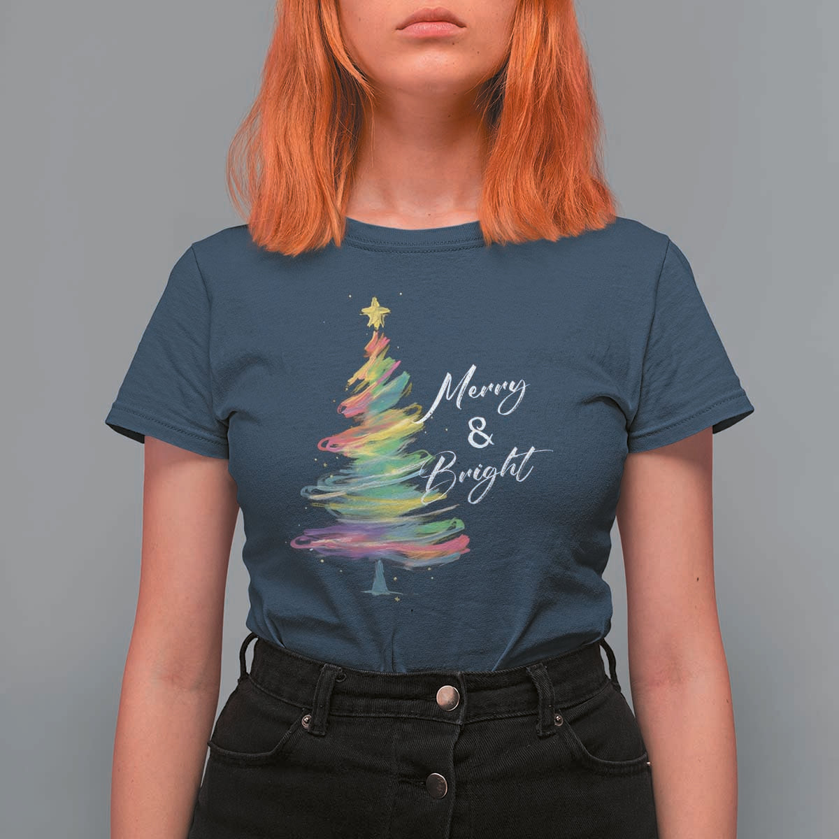 Christmas T Shirt For Women Merry And Bright Colorful Xmas Tree - Wonder Print Shop