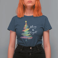 Christmas T Shirt For Women Merry And Bright Colorful Xmas Tree - Wonder Print Shop