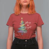 Christmas T Shirt For Women Merry And Bright Colorful Xmas Tree - Wonder Print Shop