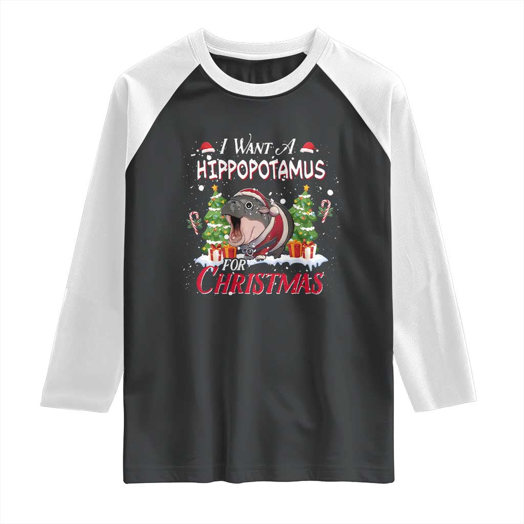Funny Moo Deng Christmas Raglan Shirt I Want A Hippopotamus For Christmas Santa Baby Pygmy - Wonder Print Shop