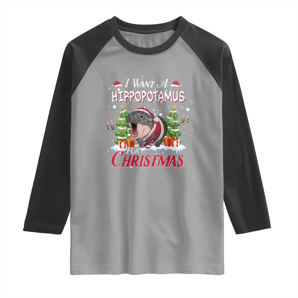 Funny Moo Deng Christmas Raglan Shirt I Want A Hippopotamus For Christmas Santa Baby Pygmy - Wonder Print Shop