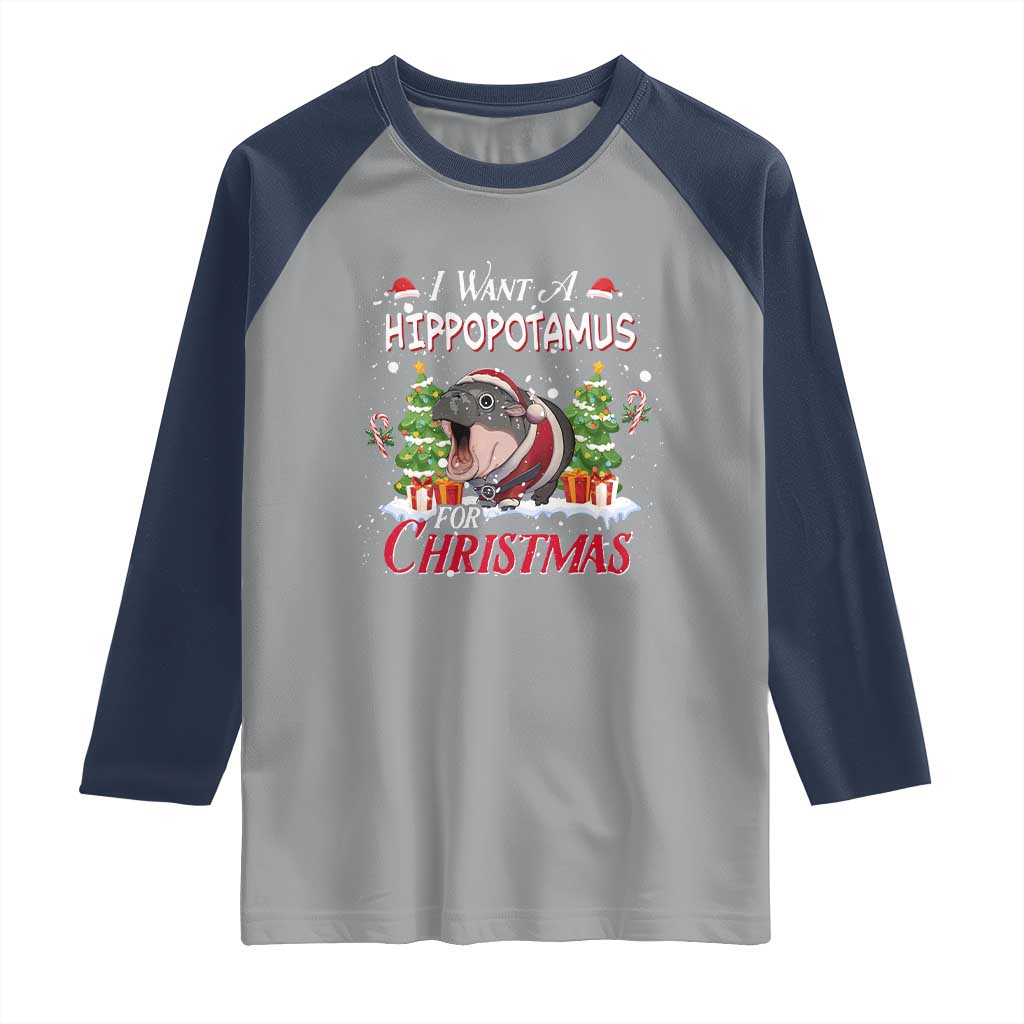 Funny Moo Deng Christmas Raglan Shirt I Want A Hippopotamus For Christmas Santa Baby Pygmy - Wonder Print Shop
