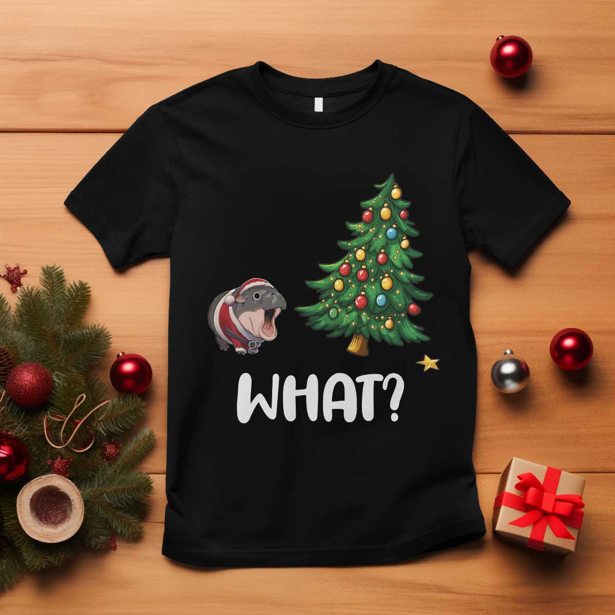 Funny Moo Deng Christmas T Shirt What Santa Cute Hippo Zoo Meme Baby Pygmy Xmas Tree - Wonder Print Shop