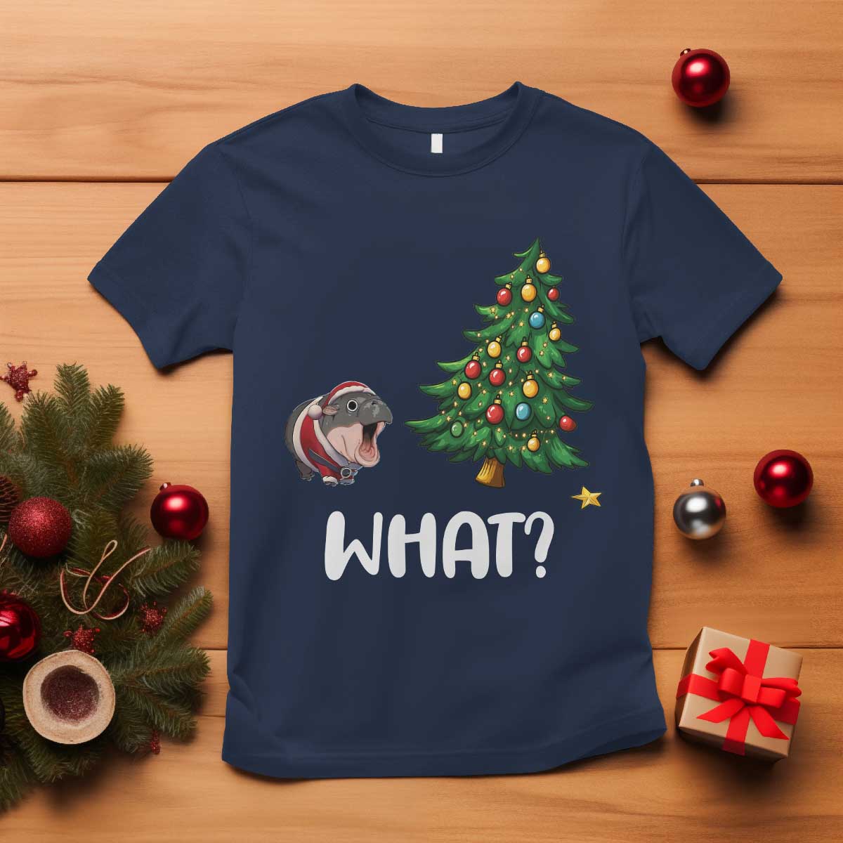 Funny Moo Deng Christmas T Shirt What Santa Cute Hippo Zoo Meme Baby Pygmy Xmas Tree - Wonder Print Shop