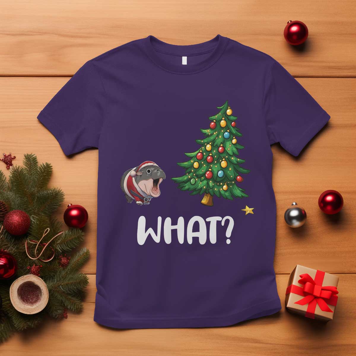 Funny Moo Deng Christmas T Shirt What Santa Cute Hippo Zoo Meme Baby Pygmy Xmas Tree - Wonder Print Shop