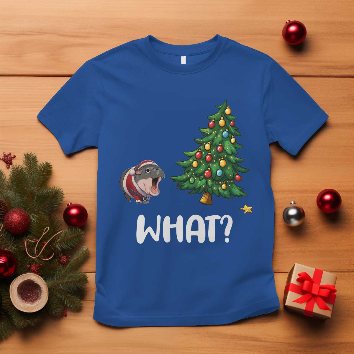 Funny Moo Deng Christmas T Shirt What Santa Cute Hippo Zoo Meme Baby Pygmy Xmas Tree - Wonder Print Shop