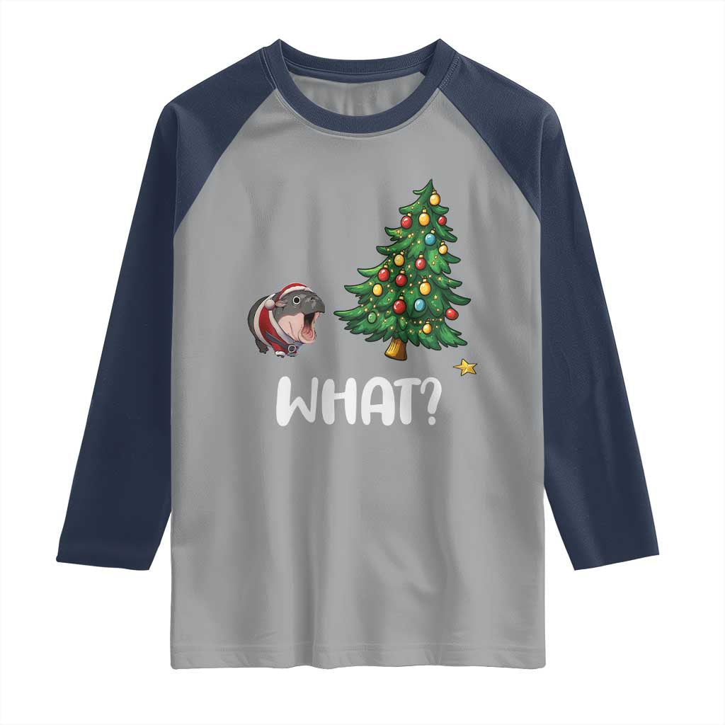 Funny Moo Deng Christmas Raglan Shirt What Santa Cute Hippo Zoo Meme Baby Pygmy Xmas Tree - Wonder Print Shop