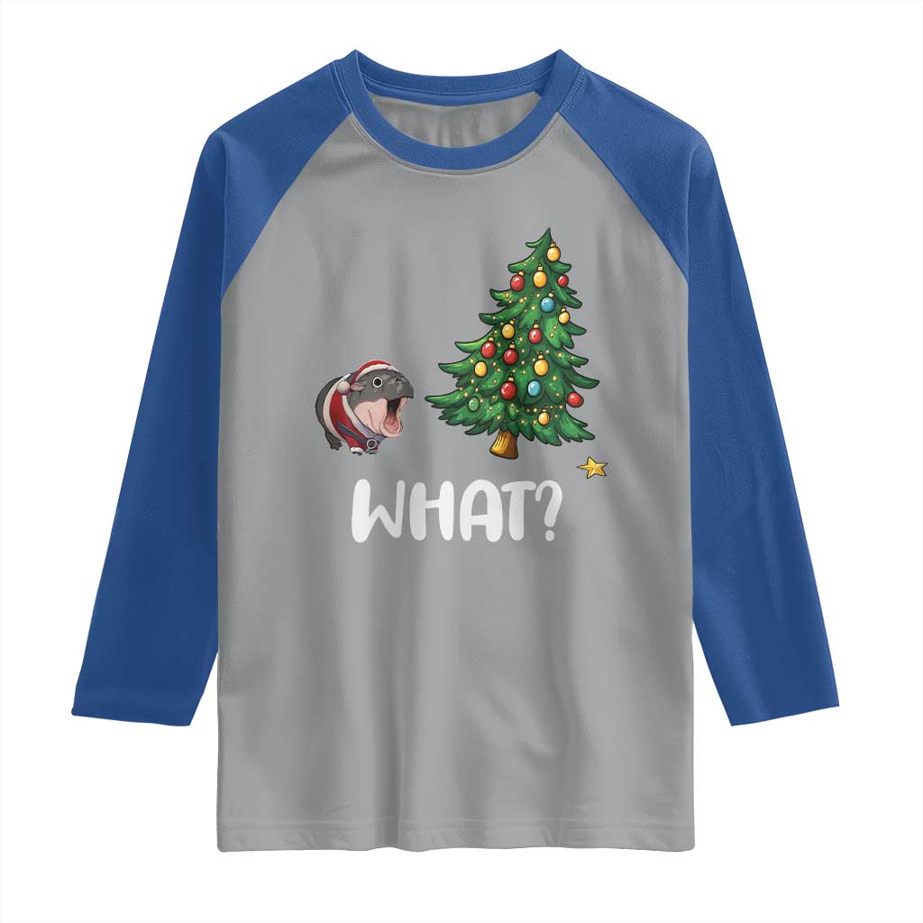 Funny Moo Deng Christmas Raglan Shirt What Santa Cute Hippo Zoo Meme Baby Pygmy Xmas Tree - Wonder Print Shop