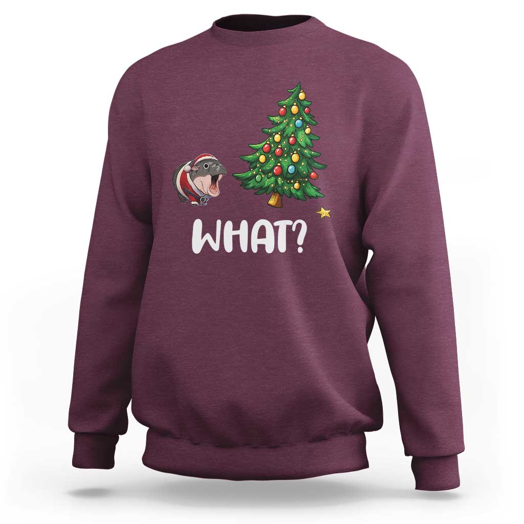 Funny Moo Deng Christmas Sweatshirt What Santa Cute Hippo Zoo Meme Baby Pygmy Xmas Tree - Wonder Print Shop
