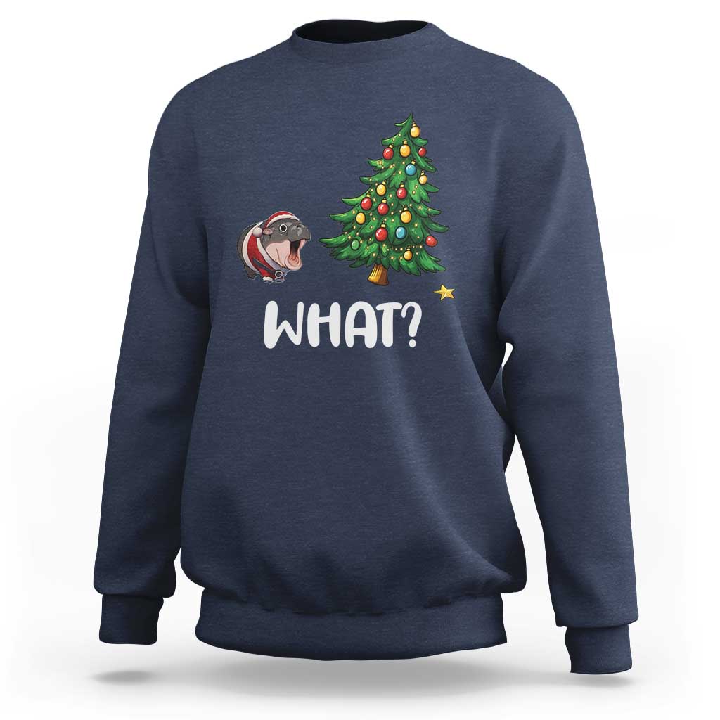 Funny Moo Deng Christmas Sweatshirt What Santa Cute Hippo Zoo Meme Baby Pygmy Xmas Tree - Wonder Print Shop